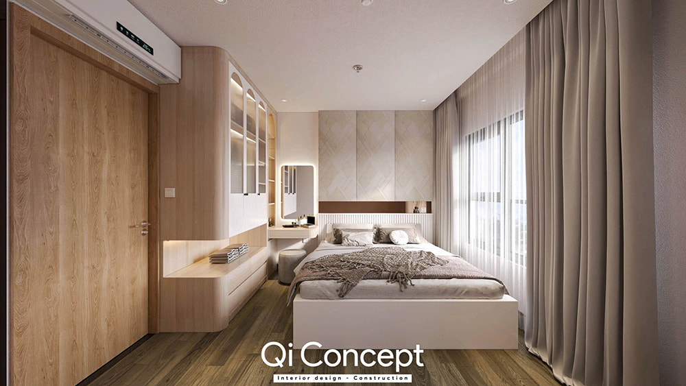 Mẫu thiết kế phòng ngủ nhỏ đẹp có bàn trang điểm và tủ quần áo lớn.