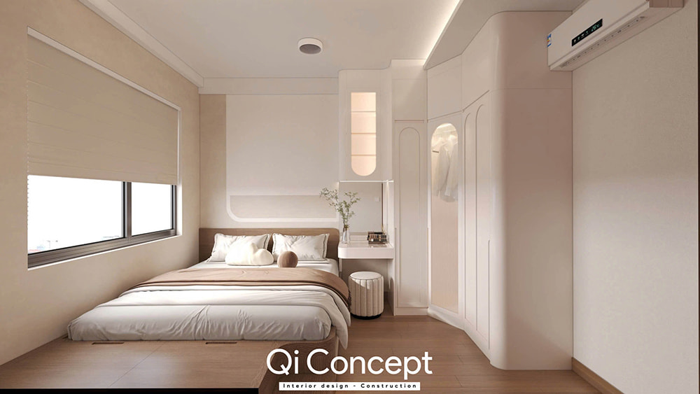 Mẫu thiết kế phòng ngủ nhỏ đẹp theo phong cách tối giản với nội thất bo cong.