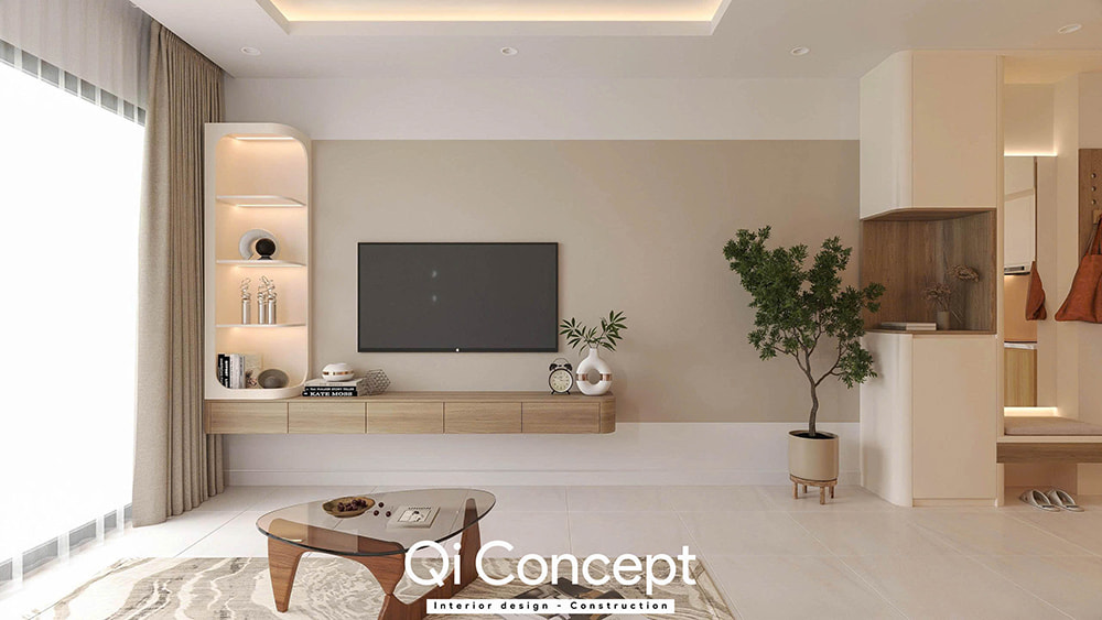 Kệ tivi trong mẫu thiết kế nội thất chung cư Phú Đông Premier.