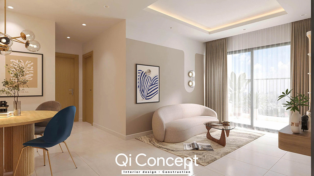 Bố trí sofa và bàn trà trong mẫu thiết kế nội thất chung cư Phú Đông Premier.