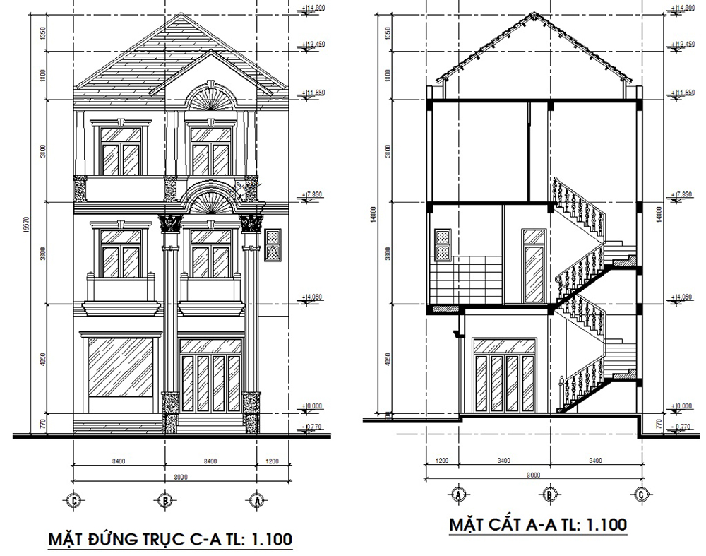 Mẫu bản vẽ kiến trúc chi tiết bao gồm mặt đứng và mặt cắt của một ngôi nhà phố.