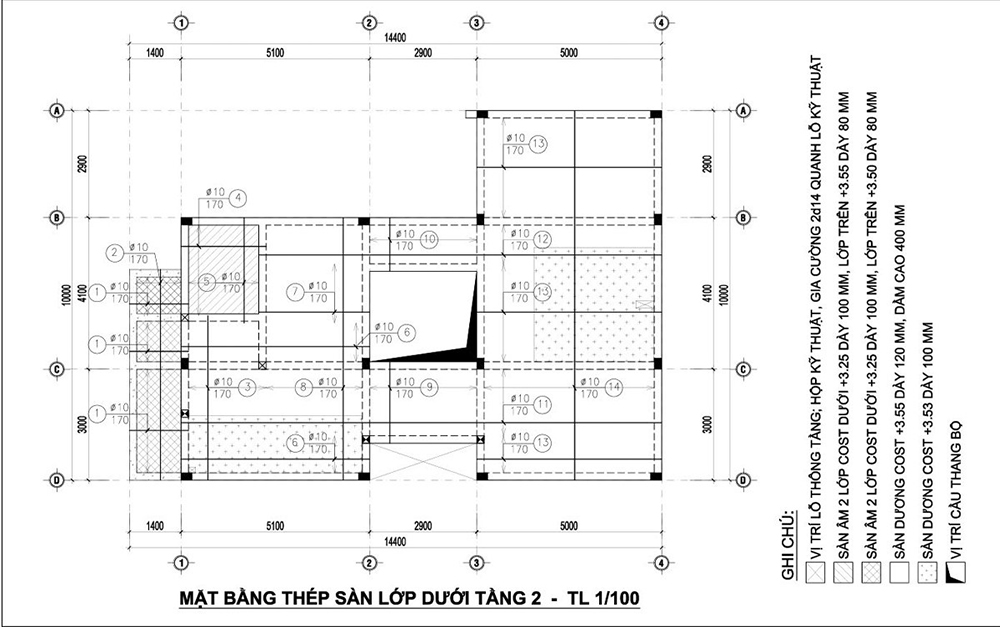 Ví dụ về một bản vẽ kết cấu chi tiết mặt bằng bố trí thép sàn.