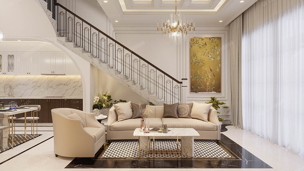 Mẫu dự án nội thất biệt thự sang trọng với phòng khách tân cổ điển và cầu thang uốn lượn.