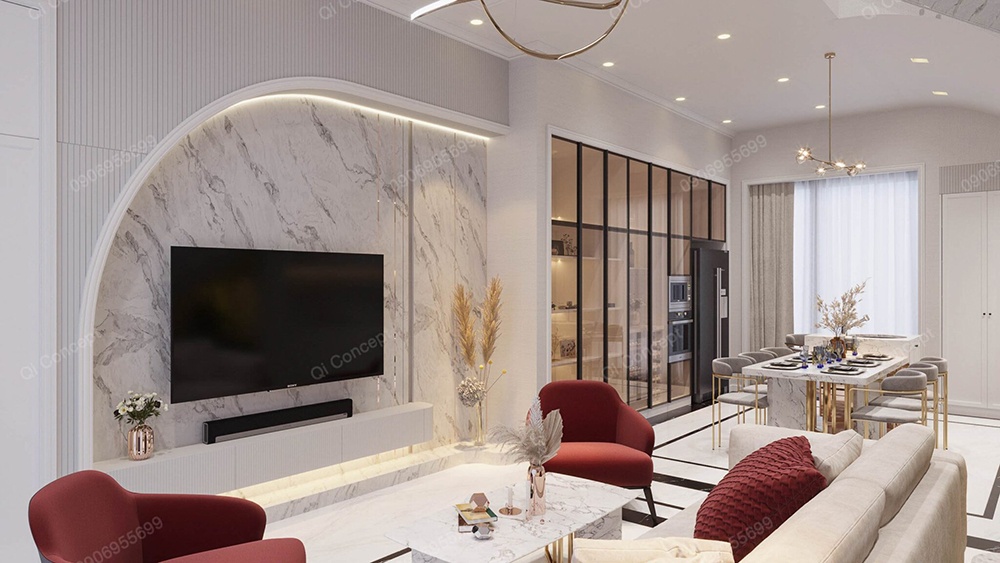 Vách tivi ốp đá marble hình vòm trong dự án nội thất biệt thự hiện đại.