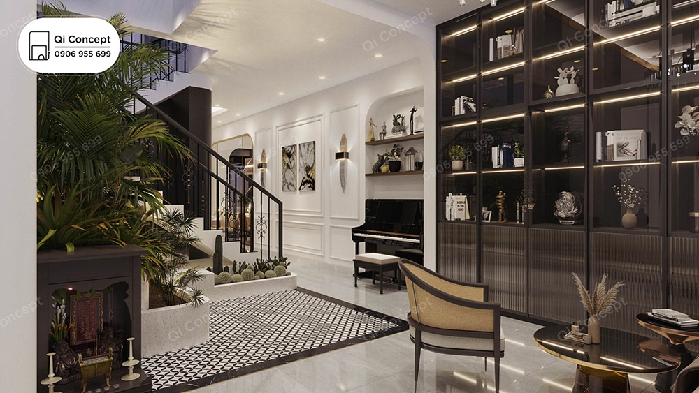 Khu vực sảnh và phòng khách trong một dự án nội thất biệt thự có đàn piano.
