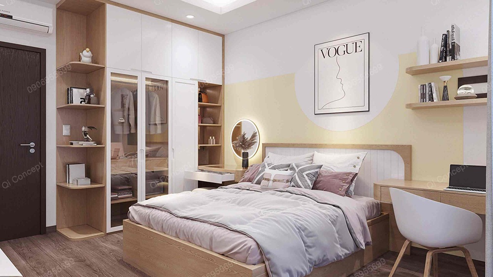 Phòng ngủ hiện đại trong một dự án nội thất nhà phố với hệ tủ và bàn làm việc đa năng.
