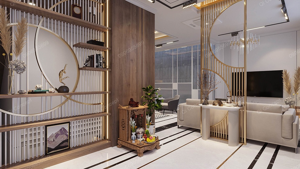 Không gian phòng khách sang trọng trong dự án nội thất nhà phố với vách ngăn kim loại.