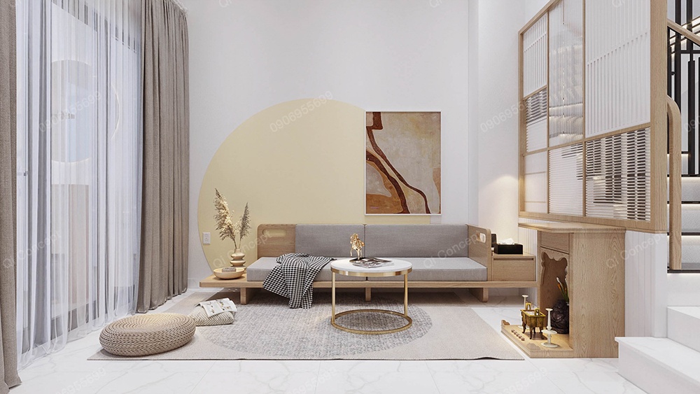 Mẫu dự án nội thất nhà phố phong cách Japandi với sofa gỗ và bàn thờ Thần Tài.