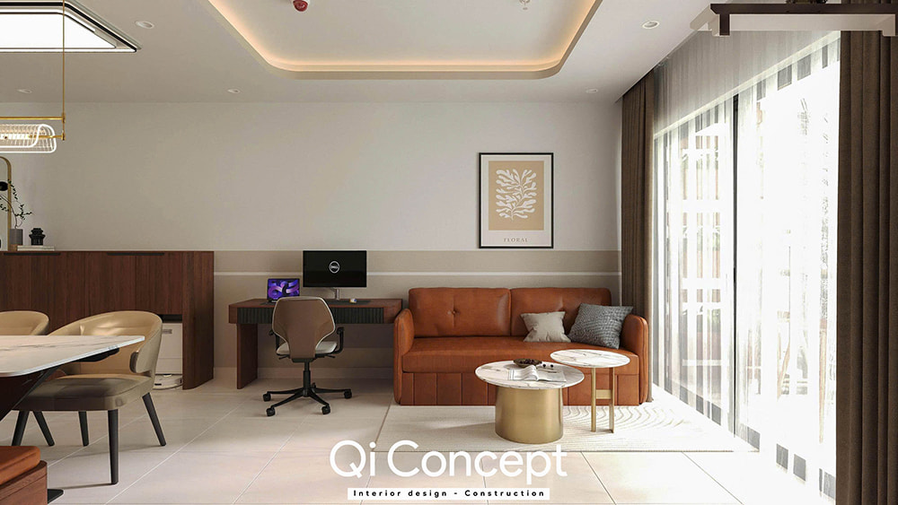 Bố trí phòng khách và góc làm việc trong mẫu thiết kế chung cư Tecco Home 1PN.