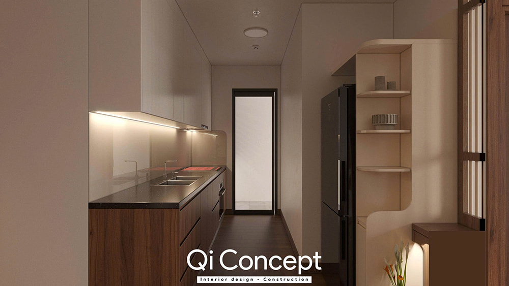 Bố trí bếp chữ I trong mẫu thiết kế chung cư Fiato Uptown 2PN.