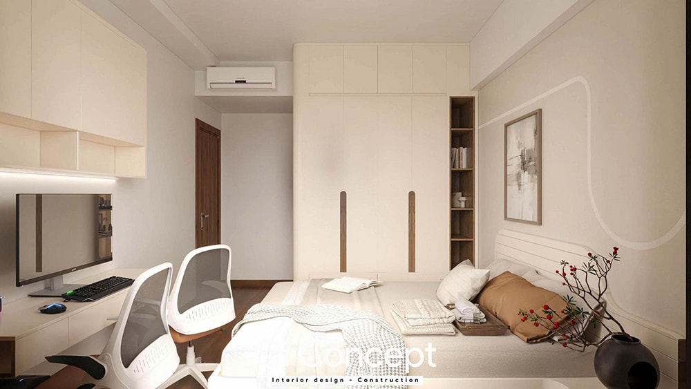 Bố trí nội thất phòng ngủ trong mẫu thiết kế chung cư Fiato Uptown 2PN.
