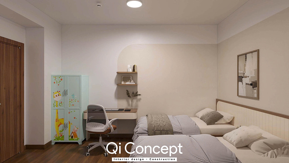 Bố trí hai giường đơn trong mẫu thiết kế chung cư Fiato Uptown 2PN.