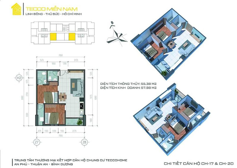 Mặt bàng điển hình căn hộ Tecco Home 2 phòng ngủ
