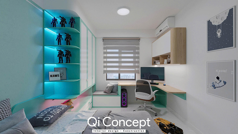 Góc học tập và trưng bày trong mẫu thiết kế chung cư Tecco Home 2PN.