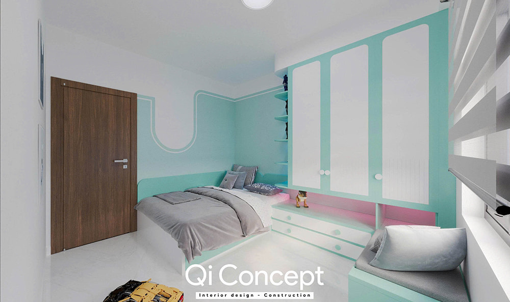 Bố trí phòng ngủ trẻ em trong mẫu thiết kế chung cư Tecco Home 2PN.