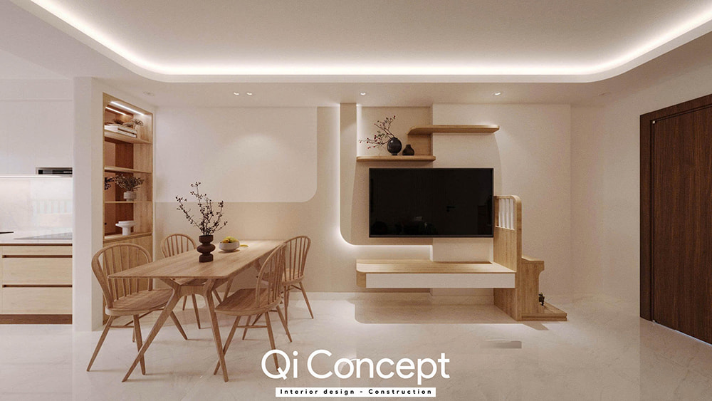 Khu vực tivi trong mẫu thiết kế chung cư Tecco Home 2PN.