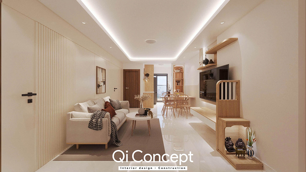 Toàn cảnh không gian mở trong mẫu thiết kế chung cư Tecco Home 2PN.