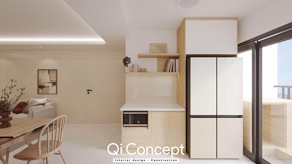 Tủ lạnh và quầy pantry trong mẫu thiết kế chung cư Tecco Home 2PN.