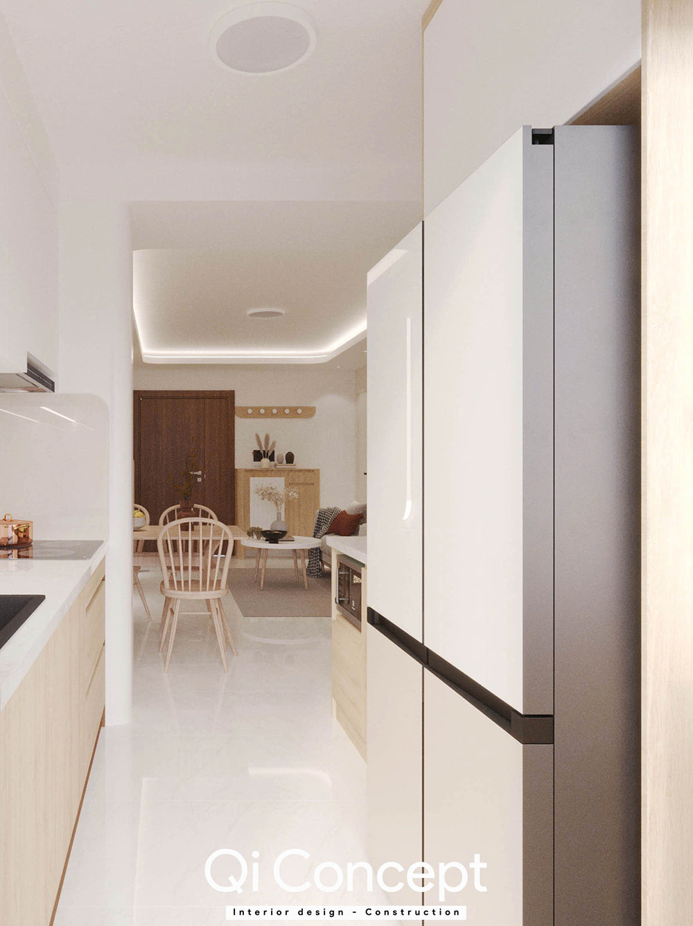 Góc nhìn từ bếp ra phòng khách trong mẫu thiết kế chung cư Tecco Home 2PN.