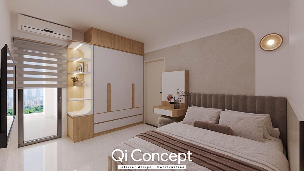 Phòng ngủ master trong mẫu thiết kế chung cư Tecco Home 2PN.