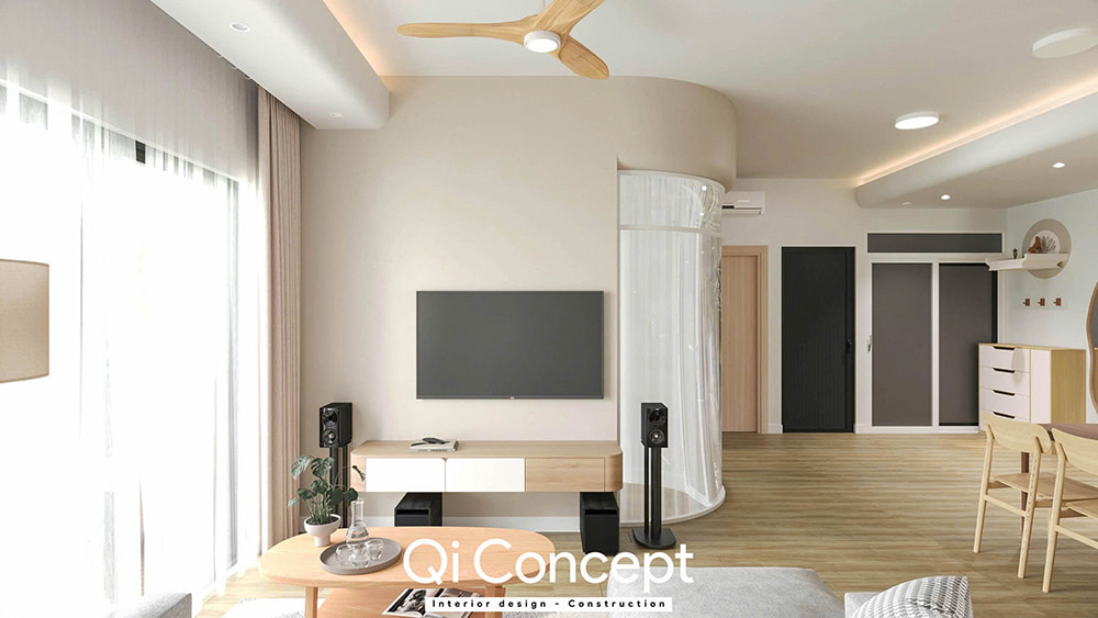 Vách ngăn kính cong trong mẫu thiết kế chung cư Fiato Uptown 3PN.