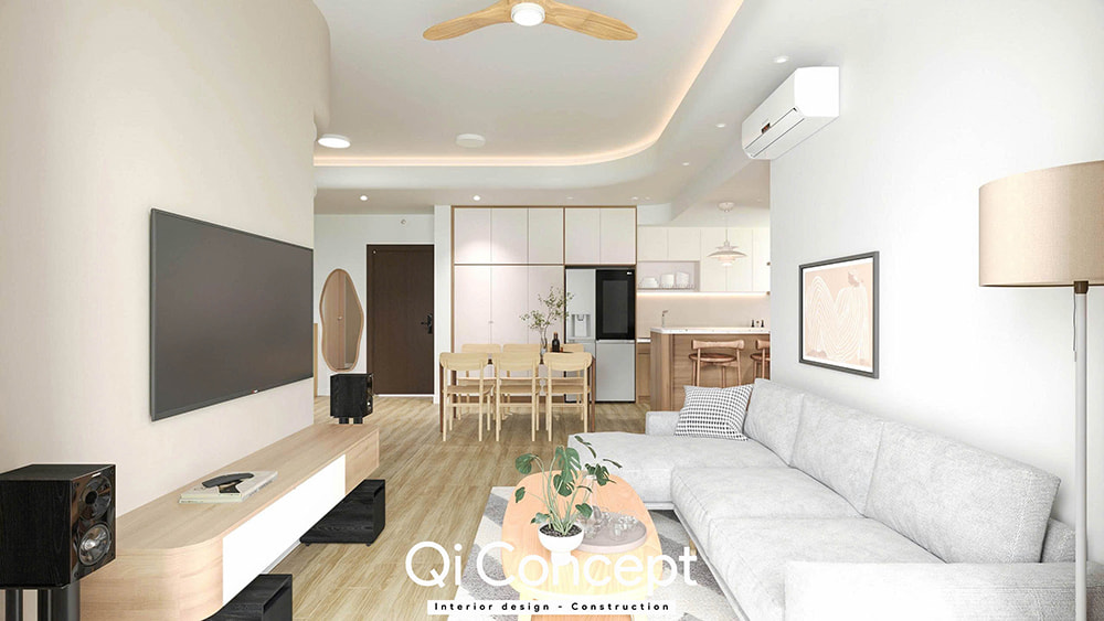 Toàn cảnh không gian phòng khách và bếp trong mẫu thiết kế chung cư Fiato Uptown 3PN.
