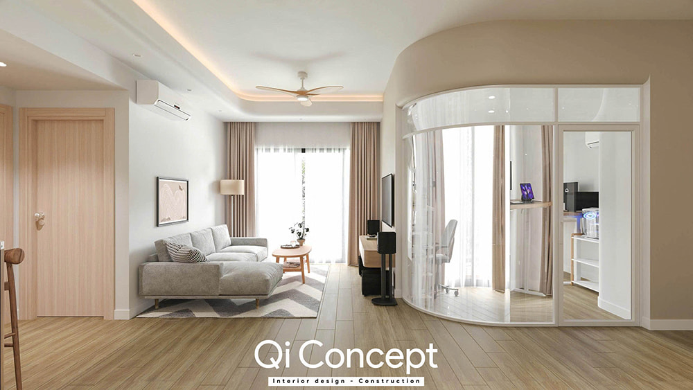 Phòng làm việc với vách kính cong trong mẫu thiết kế chung cư Fiato Uptown 3PN.