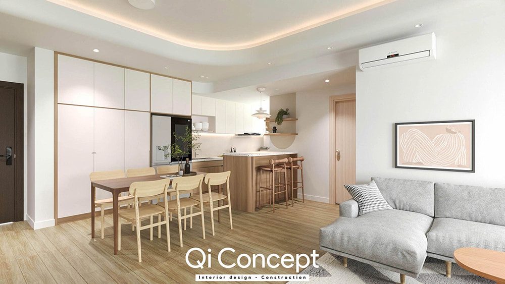 Khu vực bàn ăn và đảo bếp trong mẫu thiết kế chung cư Fiato Uptown 3PN.