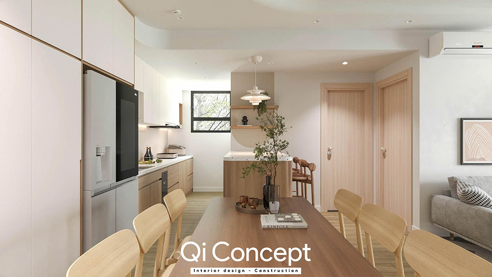 Bàn ăn gỗ trong mẫu thiết kế chung cư Fiato Uptown 3PN.