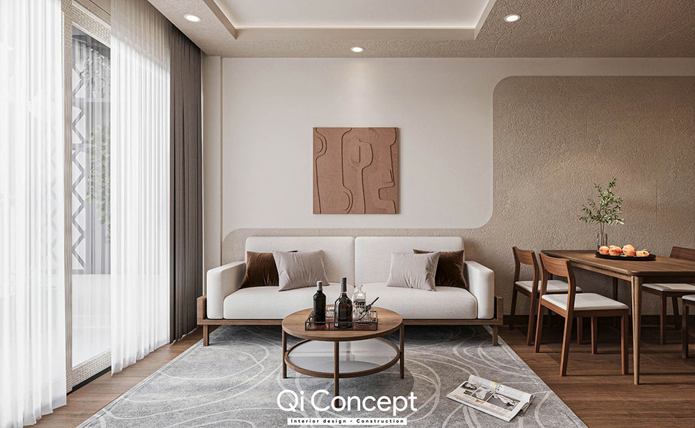 Mẫu thiết kế nội thất quận 5 với phòng khách phong cách Japandi.