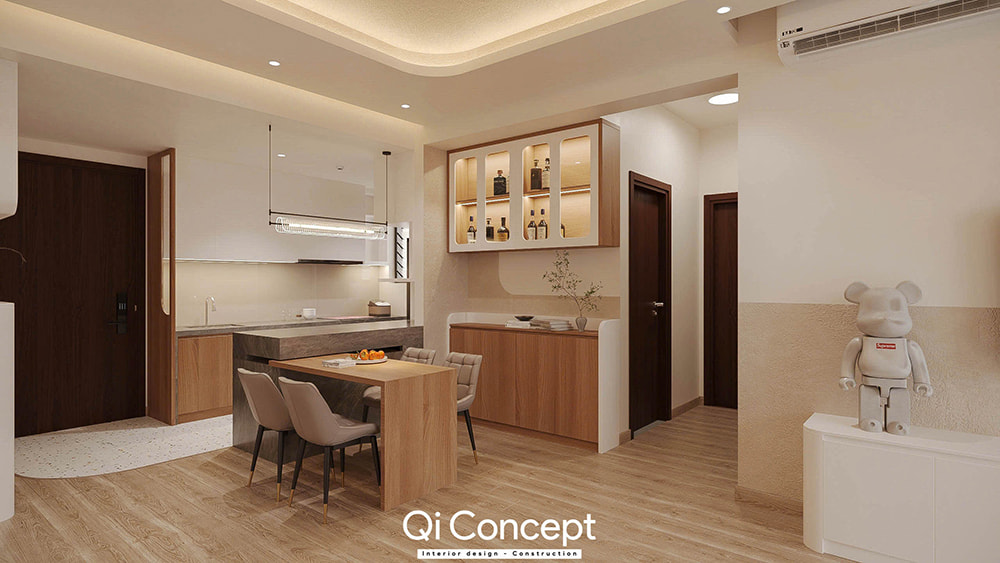 Mẫu thiết kế nội thất quận 5 cho không gian bếp và phòng ăn liền kề.