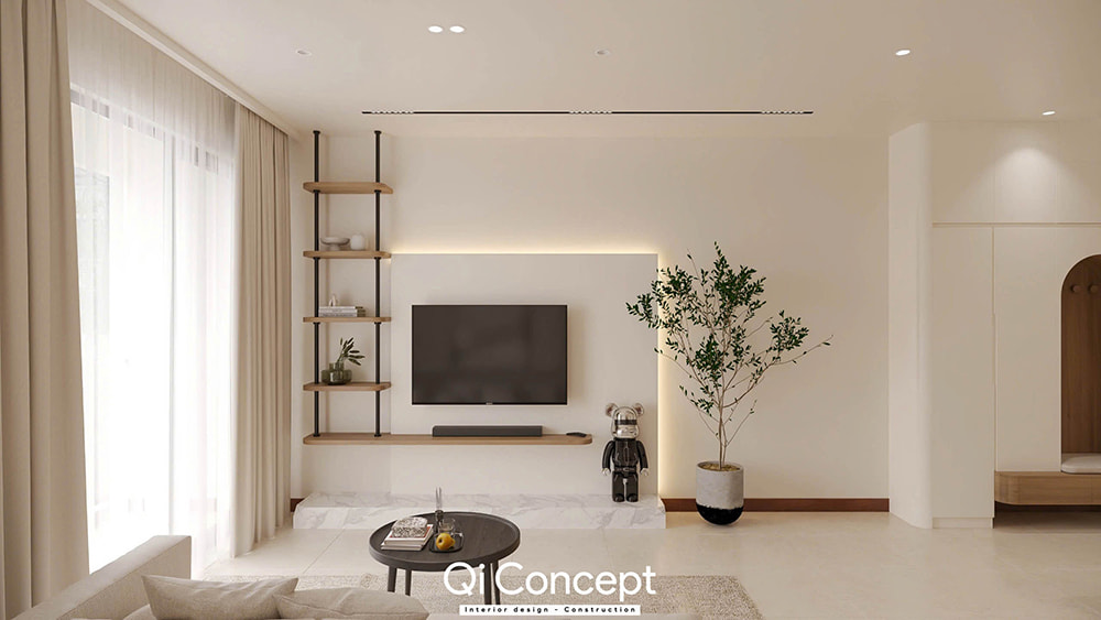 Dịch vụ thiết kế nội thất quận 5 cho phòng khách phong cách tối giản.
