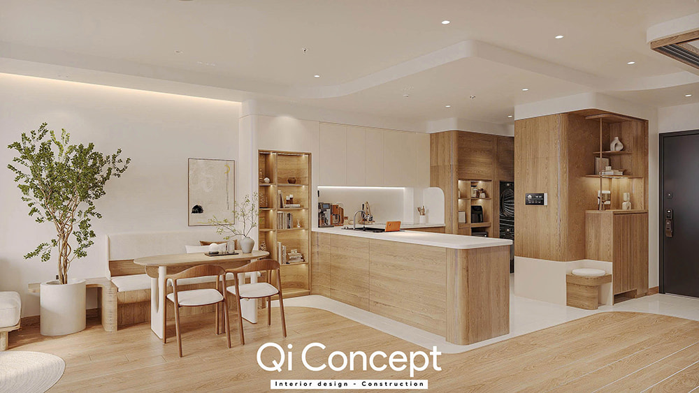 Mẫu thiết kế nội thất quận 5 phong cách Japandi với không gian mở.