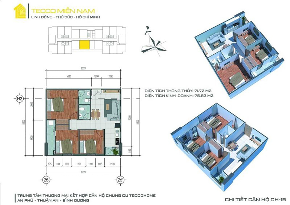 Mặt bằng điển hình căn hộ Tecco Home 3 phòng ngủ