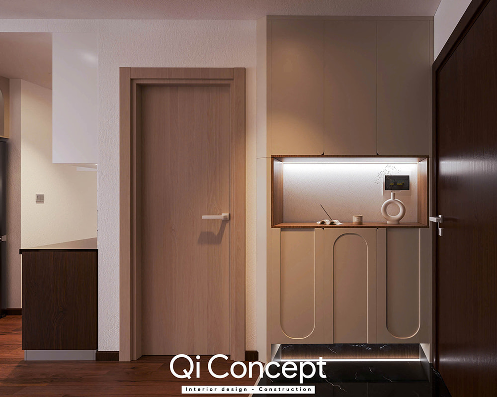 Tủ trang trí ở sảnh vào trong mẫu thiết kế chung cư Tecco Home 3PN.