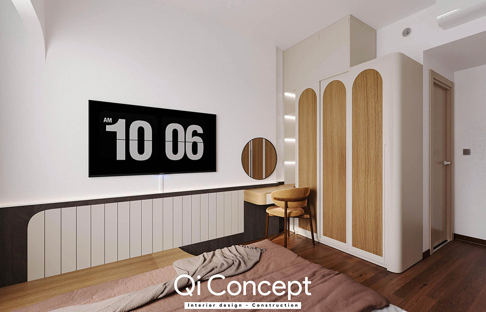 Bố trí tivi và bàn trang điểm trong mẫu thiết kế chung cư Tecco Home 3PN.