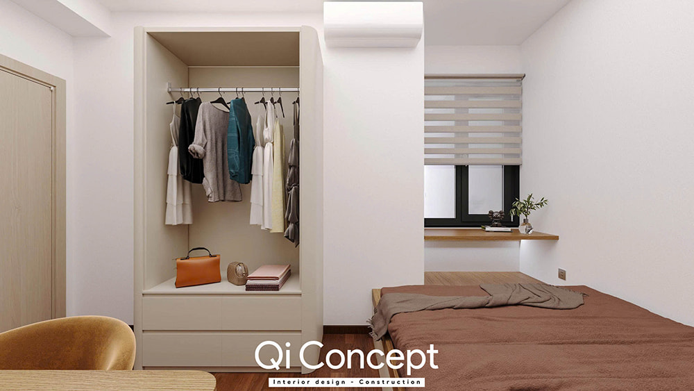 Bố trí nội thất phòng ngủ nhỏ trong mẫu thiết kế chung cư Tecco Home 3PN.