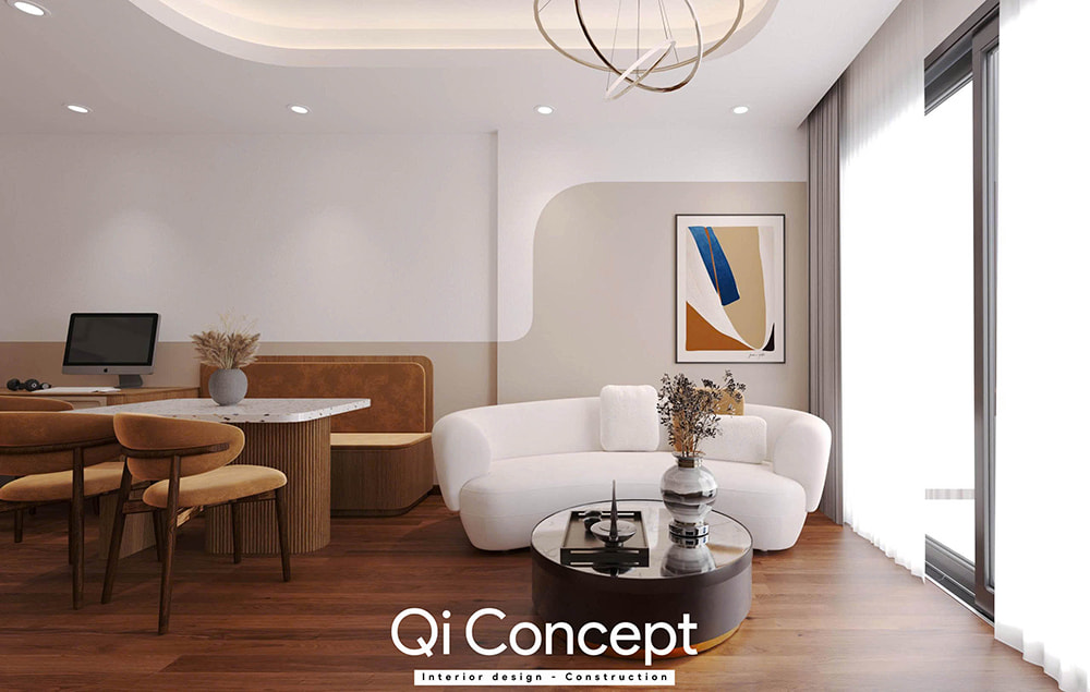 Không gian phòng khách và bàn ăn trong mẫu thiết kế chung cư Tecco Home 3PN.