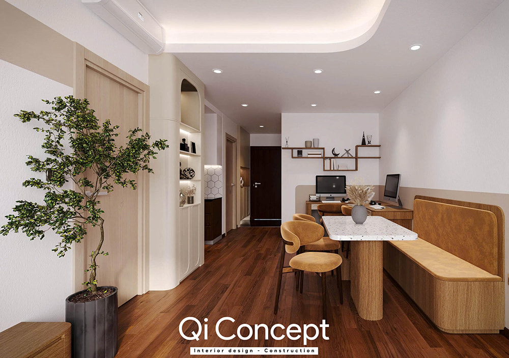 Bàn ăn và góc làm việc trong mẫu thiết kế chung cư Tecco Home 3PN.
