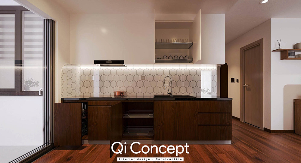 Phụ kiện tủ bếp thông minh trong mẫu thiết kế chung cư Tecco Home 3PN.