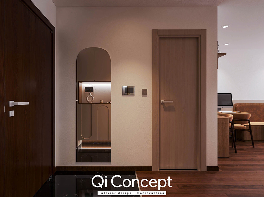 Gương trang trí ở sảnh vào trong mẫu thiết kế chung cư Tecco Home 3PN.