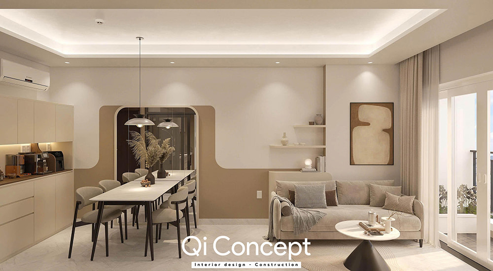 Không gian phòng khách và bàn ăn trong mẫu thiết kế nội thất Ascent Lakeside 1PN.