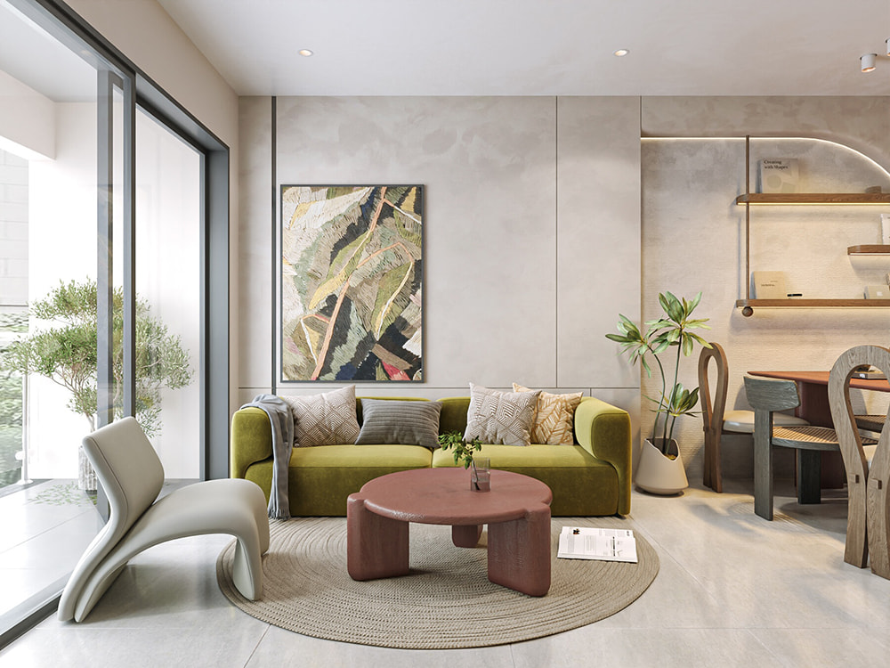 Góc thư giãn bên ban công với ghế sofa đơn và bàn trà trong thiết kế nội thất Bình Dương.