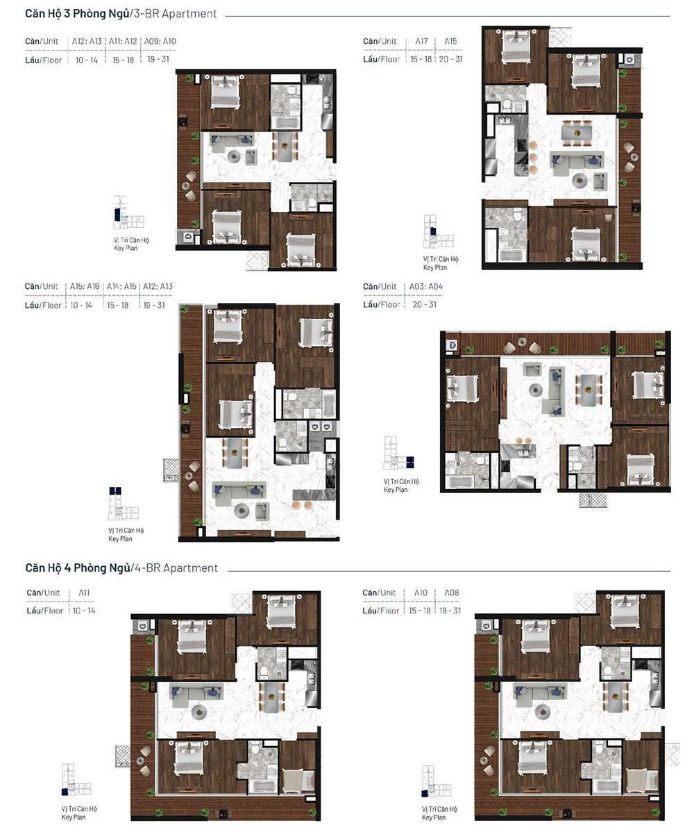 Sơ đồ mặt bằng các loại căn hộ trong dự án Thiết Kế Chung Cư Sunshine Horizon 3PN.
