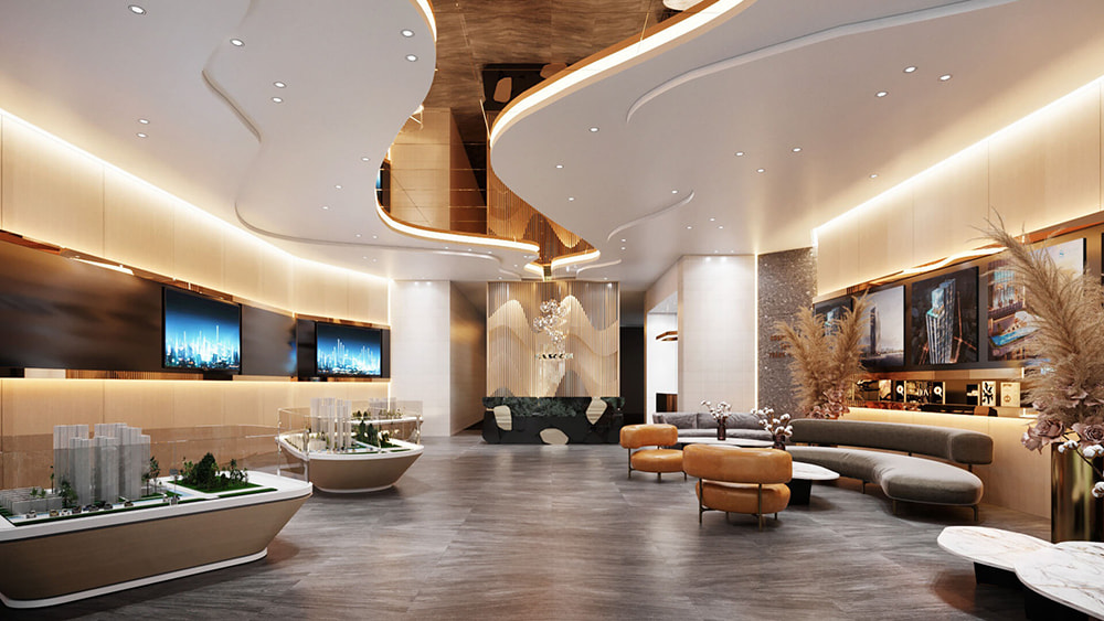Sảnh lễ tân sang trọng trong mẫu thiết kế văn phòng bất động sản, với trần uốn lượn và sa bàn dự án.