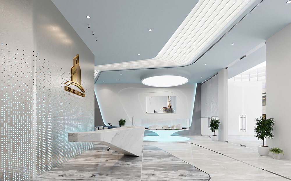 Sảnh lễ tân hiện đại, phong cách futuristic trong mẫu thiết kế văn phòng bất động sản.