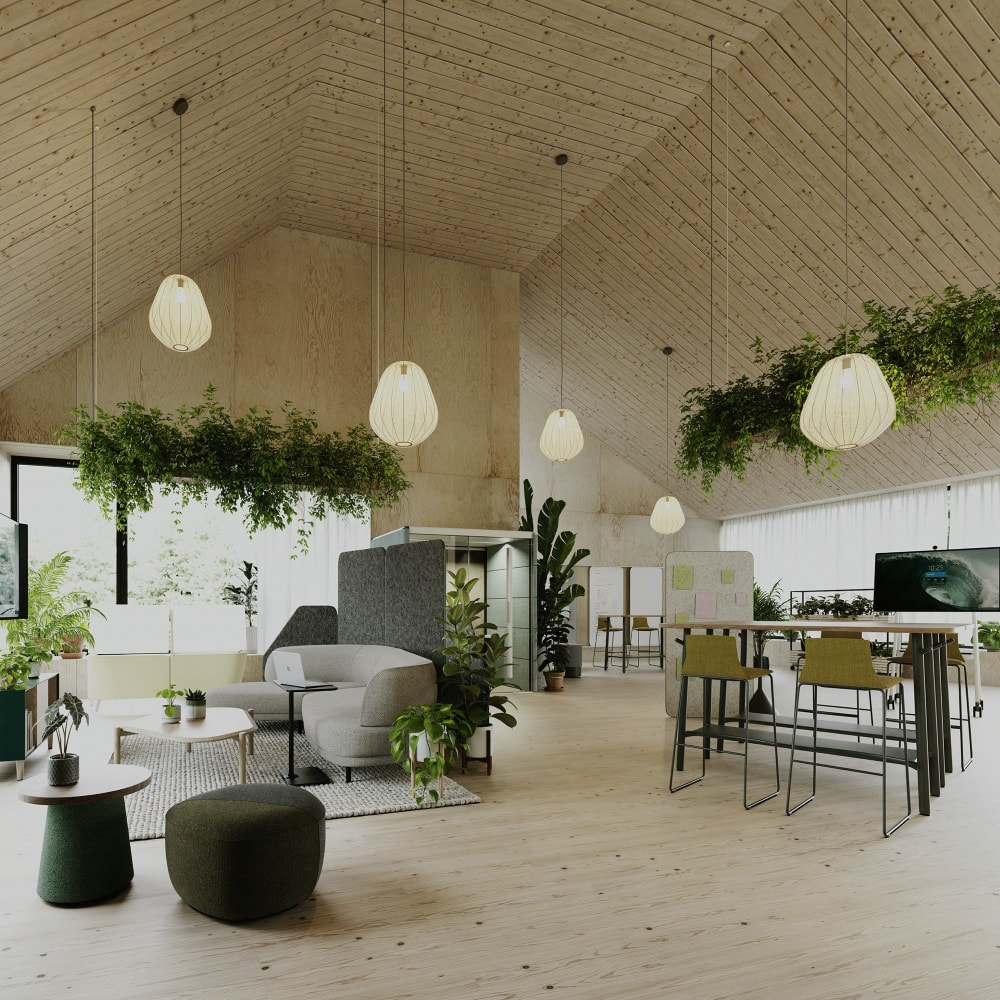 Không gian văn phòng chung (co-working) trong mẫu thiết kế văn phòng bất động sản phong cách Biophilic.