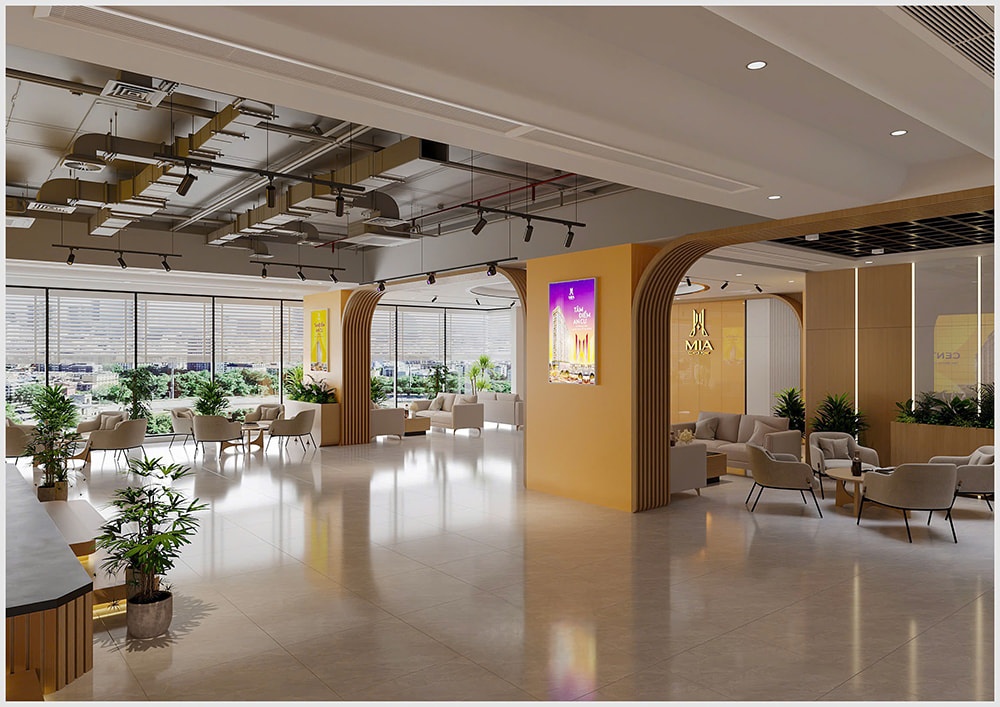 Khu vực sảnh chờ và tư vấn khách hàng rộng rãi trong mẫu thiết kế văn phòng bất động sản.