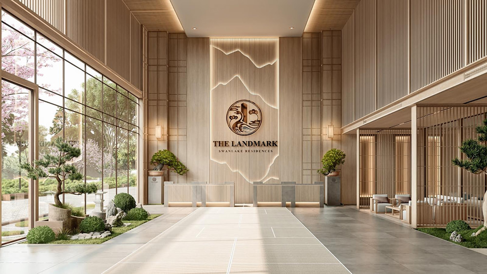 Sảnh lễ tân phong cách Nhật Bản trong mẫu thiết kế văn phòng bất động sản.