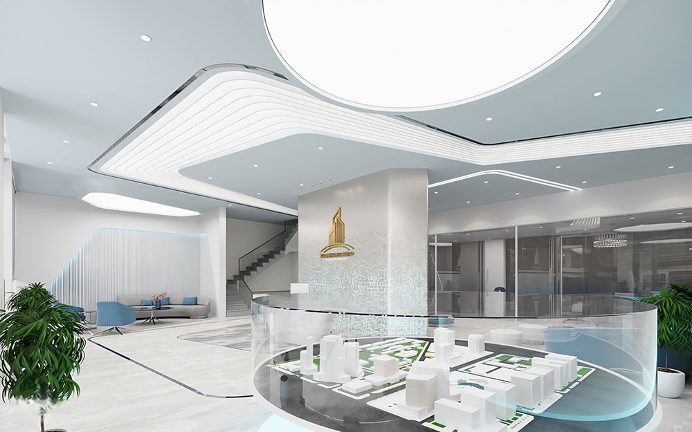 Sa bàn dự án được đặt trang trọng tại sảnh trong mẫu thiết kế văn phòng bất động sản.